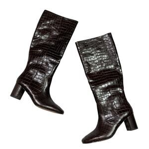 J. Crew | Willa Croc Embossed Chocolate Brown Knee High Leather Heeled Boots 9